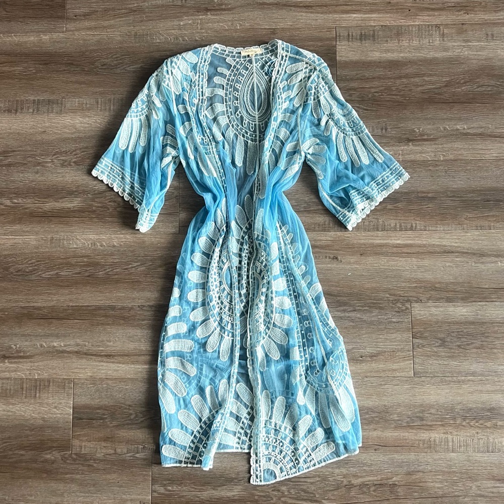 Blue and White Embroidered Floral Boho Duster